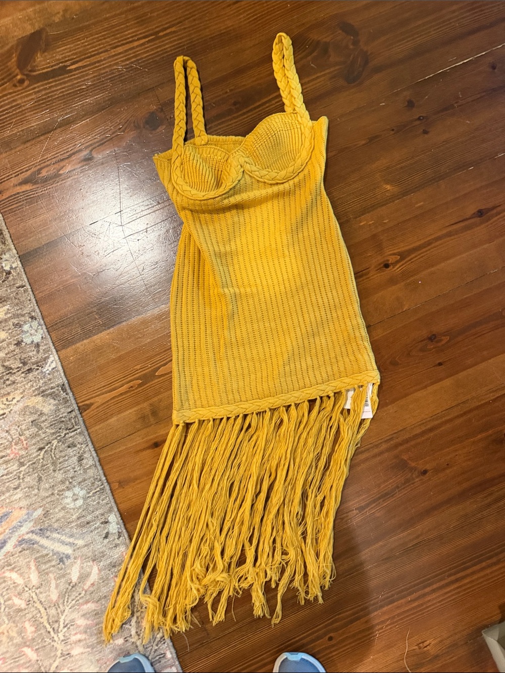 Women’s yellow sweater mini dress with fringe detail. NWT
